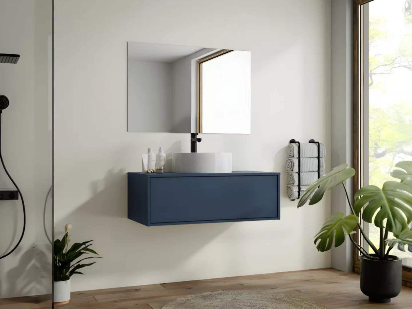 Waschbeckenunterschrank hängend mit rundem Einzelwaschbecken - Dunkelblau - günstig online kaufen