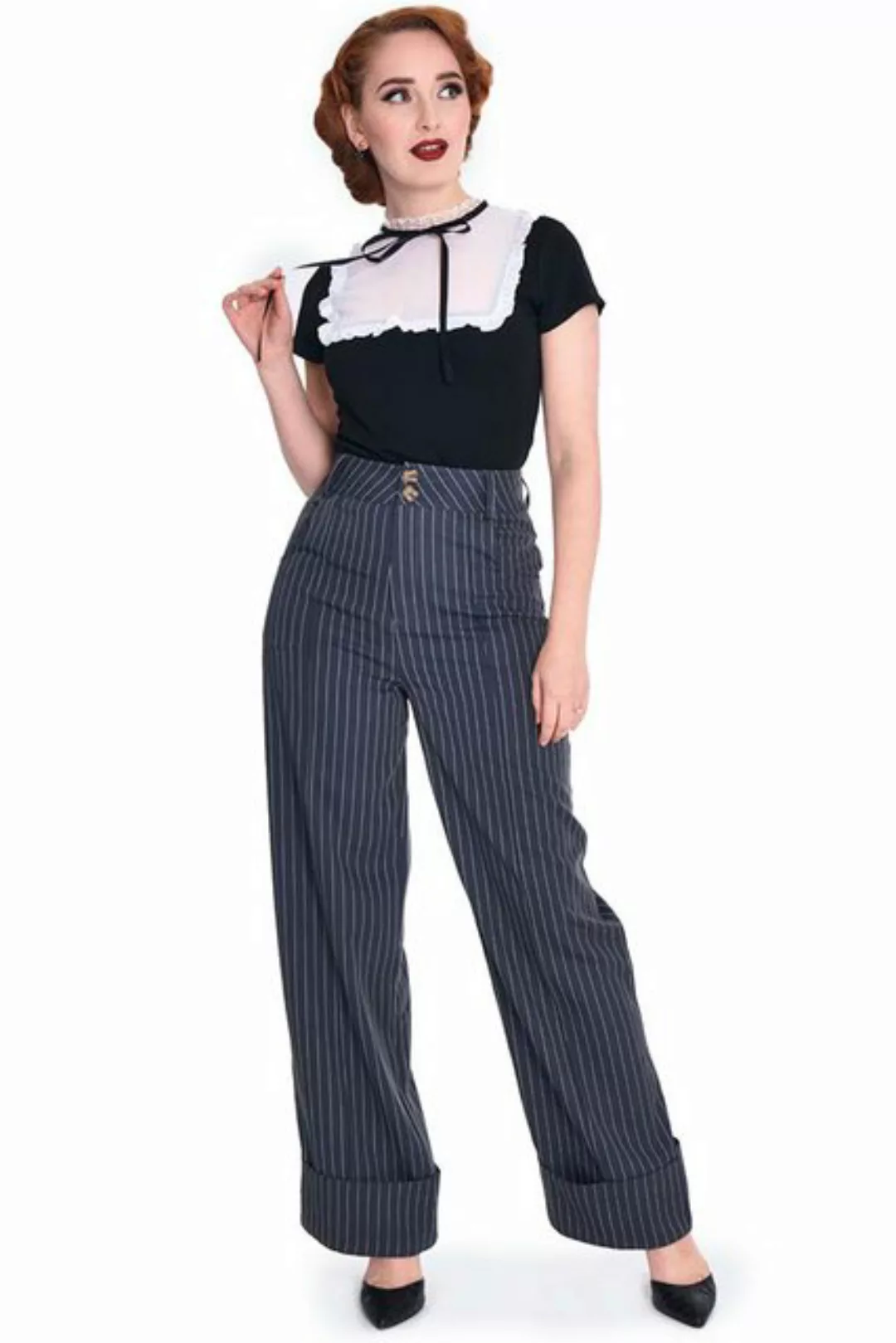 Voodoo Vixen Stoffhose Grey Pinstripe Turn Up Vintage Trousers 40er Jahre S günstig online kaufen