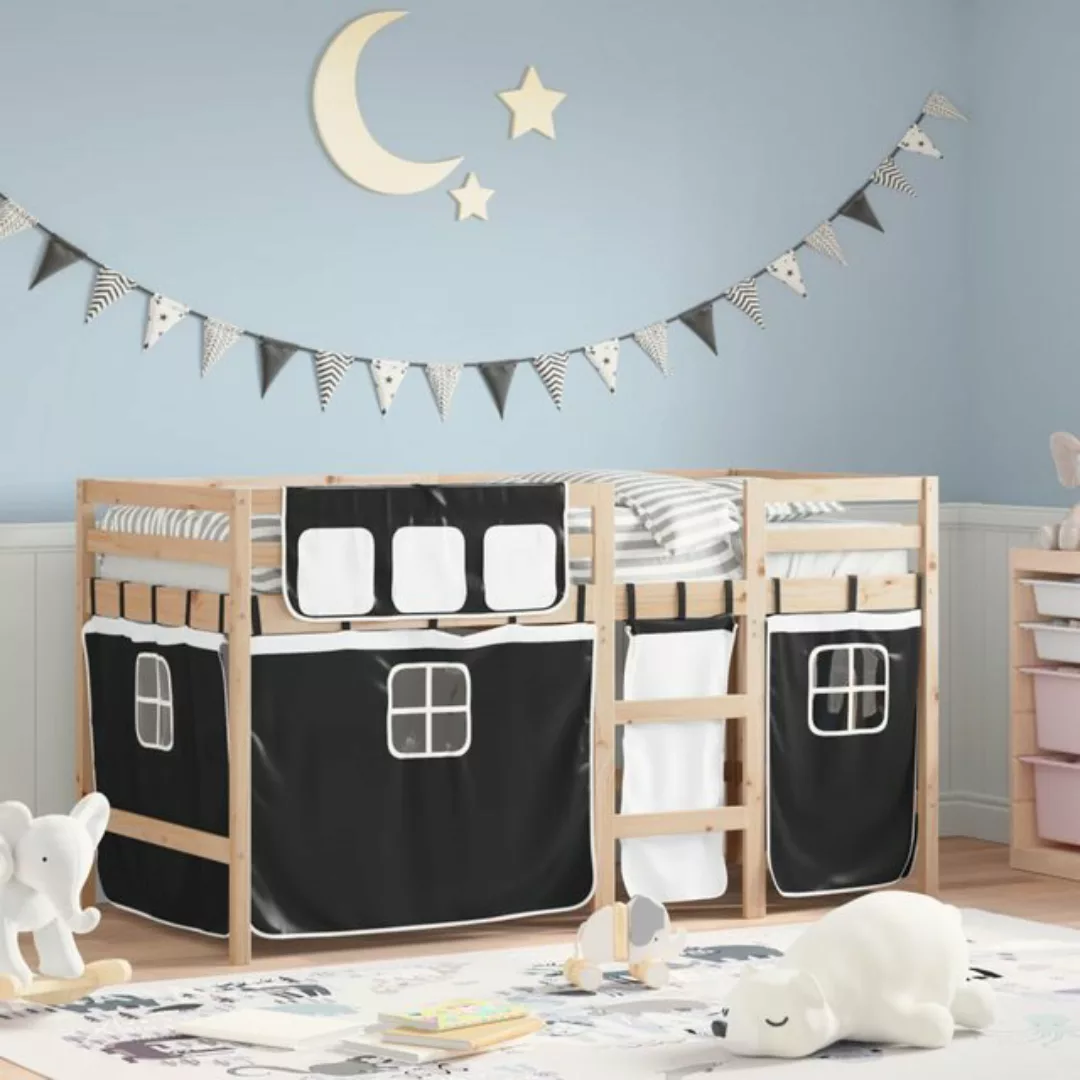 vidaXL Bett Kinderhochbett mit Vorhängen Weiß und Schwarz Massivholz Kiefer günstig online kaufen