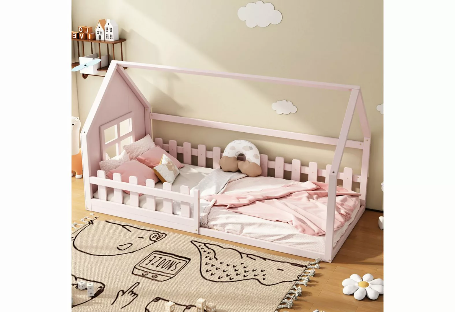 HAUSS SPLOE Kinderbett 90x200cm mit Zäune und Lattenrost Kinderbett in Haus günstig online kaufen