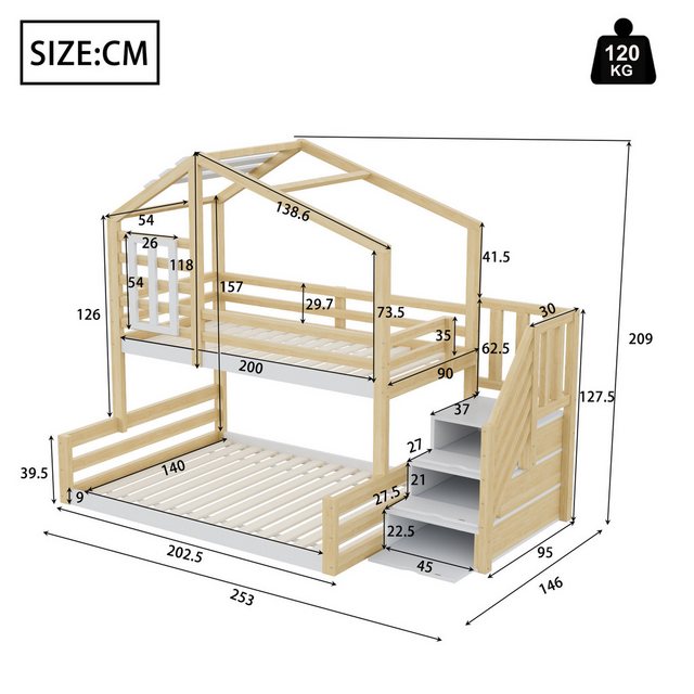 Flieks Etagenbett, Kinderbett 90x200cm+140x200cm mit Haus-Fenster-Design, S günstig online kaufen