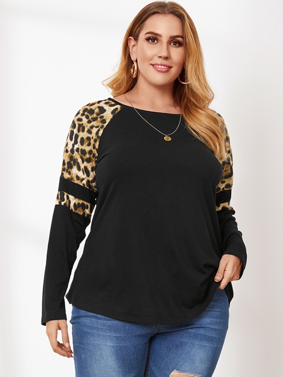 YOINS Plus Größe Leopard Patchwork Langarm T-Shirt günstig online kaufen