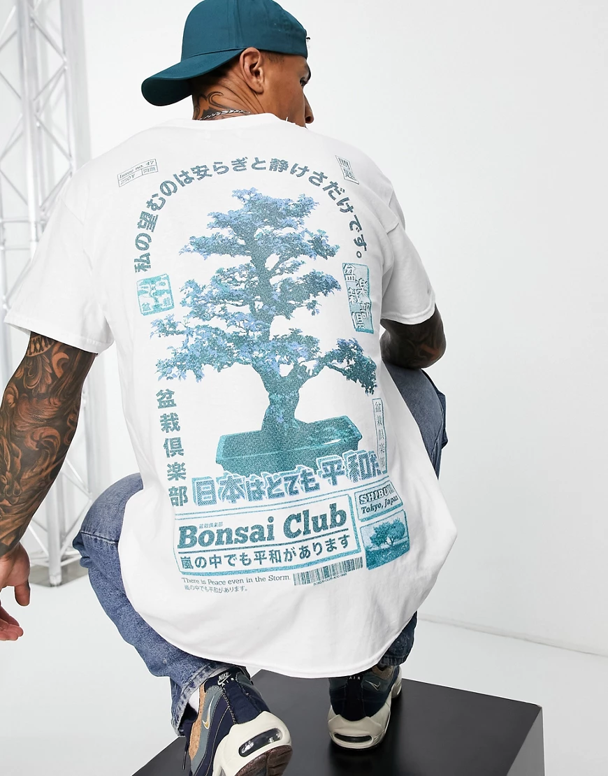 Topman – Oversize-T-Shirt in Weiß mit Bonsai-Print auf Vorder- und Rückseit günstig online kaufen