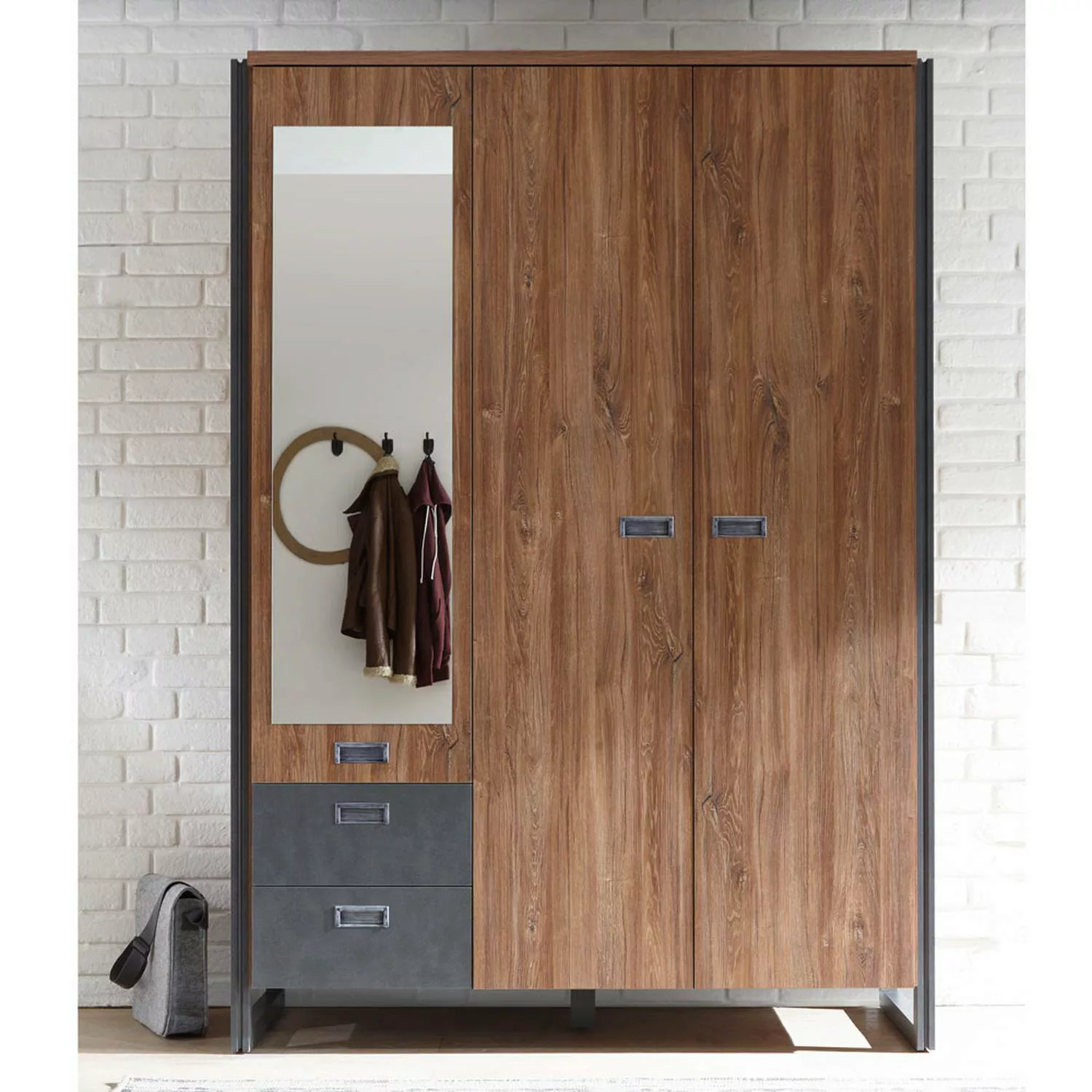 Kleiderschrank 143cm DALLAS-61 3-türig im Industrial Stil in Stirling Oak N günstig online kaufen