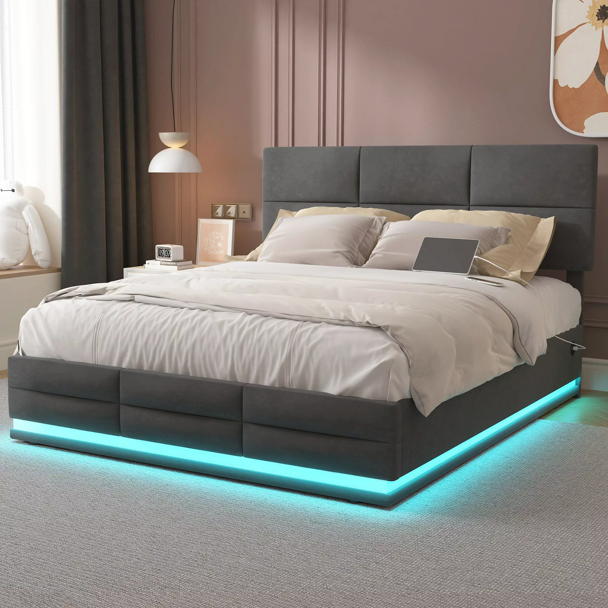 Doppelbett mit Stauraum und Hydrauliksystem, Samtstoff, LED-Beleuchtung und günstig online kaufen