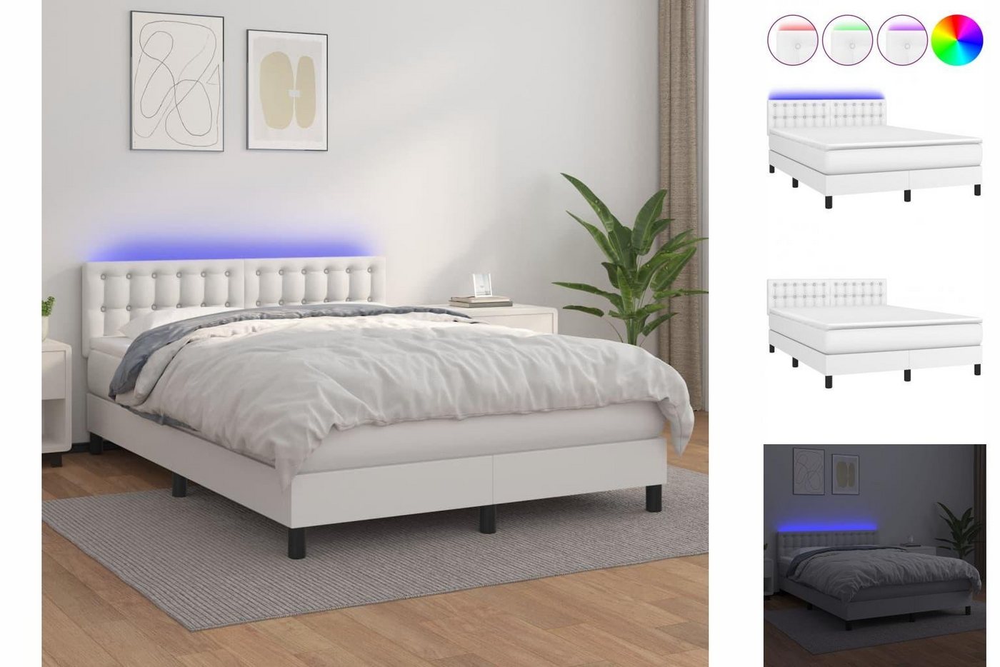 vidaXL Bettgestell Boxspringbett mit Matratze LED Weiß 140x190 cm Kunstlede günstig online kaufen