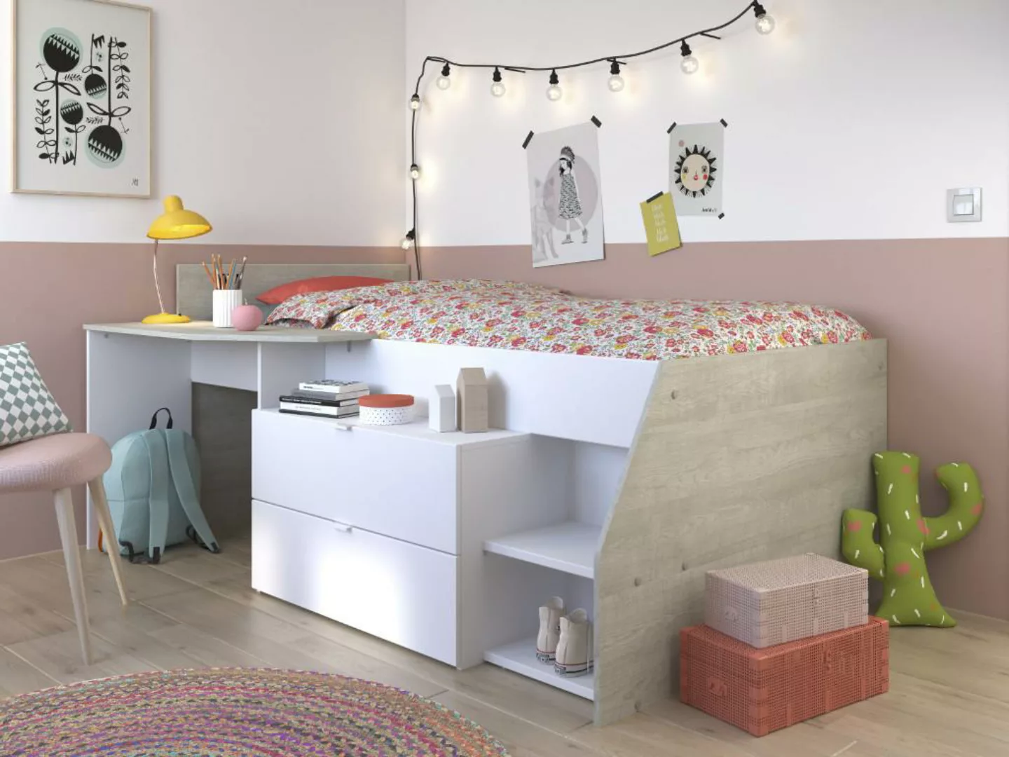 Kinderbett mit Schreibtisch & Stauraum - 90 x 190/200 cm - Weiß & Naturfarb günstig online kaufen