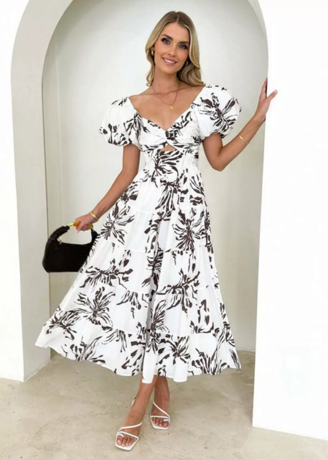 KIKI Strandkleid Bedrucktes Kleid mit weitem Rock und Puffärmeln Strandklei günstig online kaufen