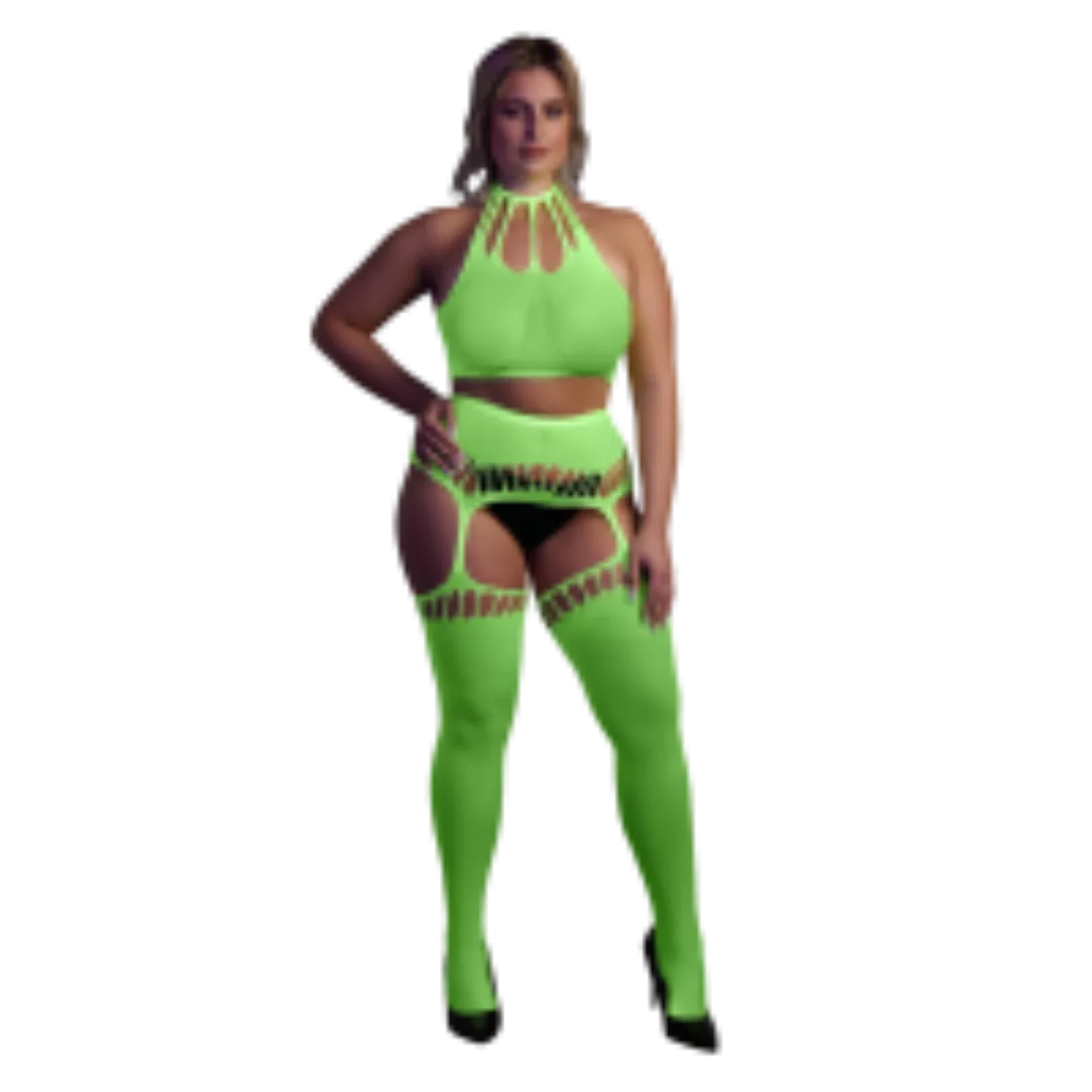 Two Piece with Crop Top and Stockings - Plus Size - Neon Green günstig online kaufen