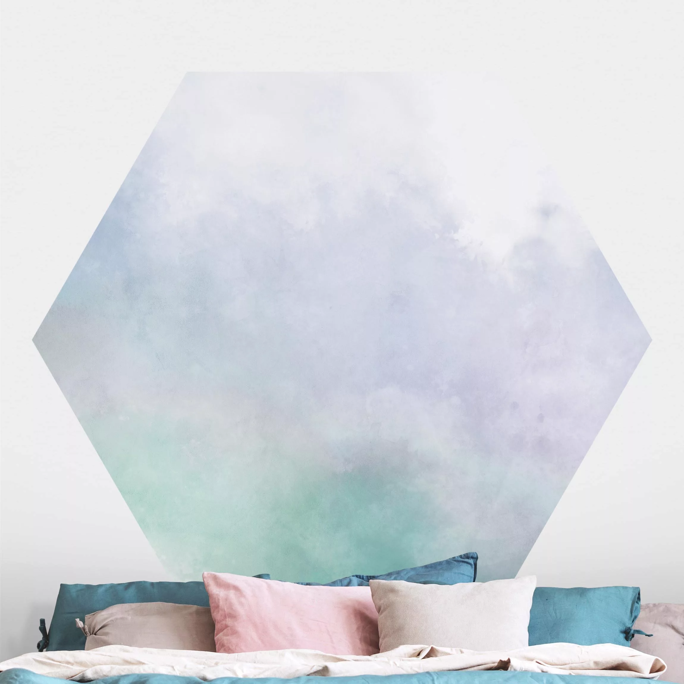 Hexagon Mustertapete selbstklebend Aquarellstruktur Symbiose Blau Grün günstig online kaufen