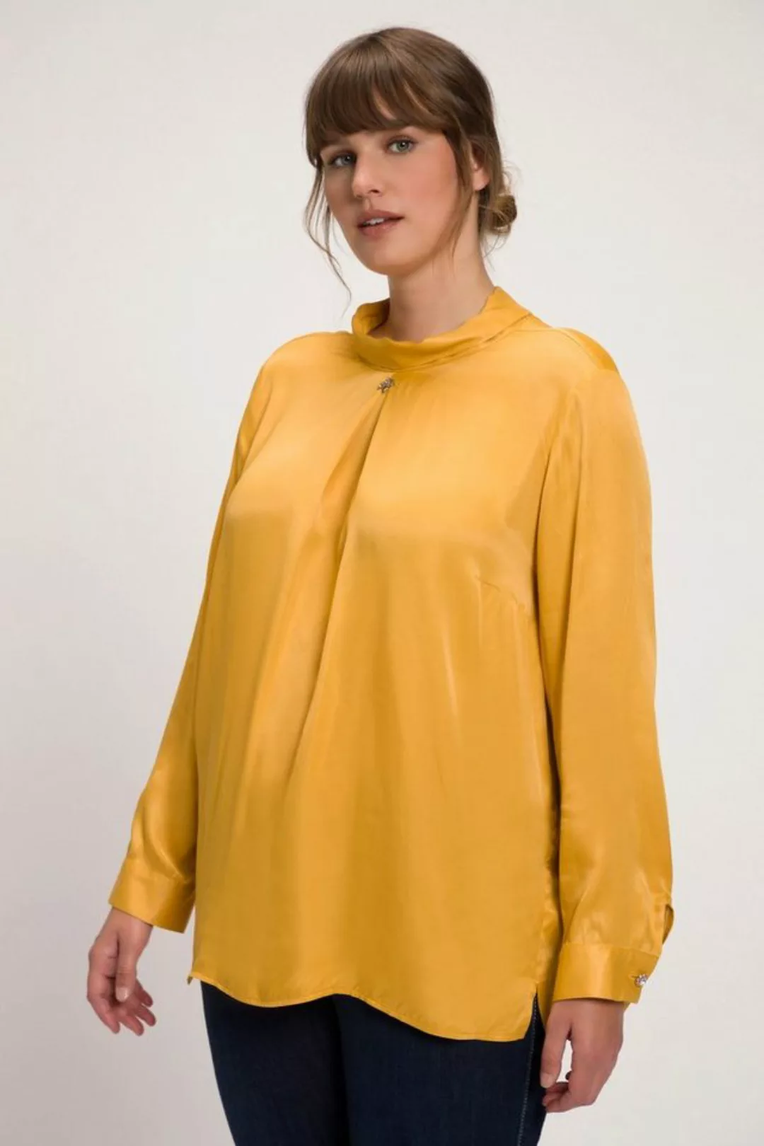 Ulla Popken Longbluse Bluse Satin Umlegekragen Zierfalte Langarm günstig online kaufen