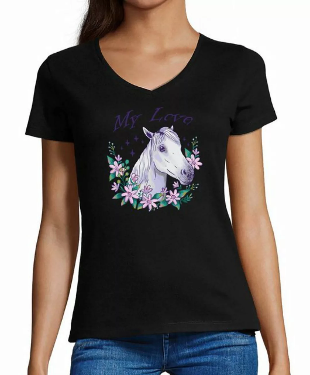 MyDesign24 T-Shirt Damen Pferde Print Shirt - Pferdekopf im Blumenkranz My günstig online kaufen