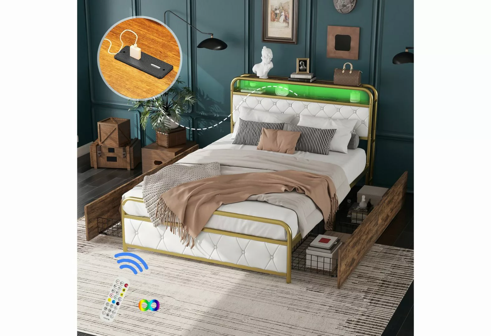 Flieks Metallbett, LED Beleuchtung Doppelbett 140x200cm mit USB-Aufladen un günstig online kaufen