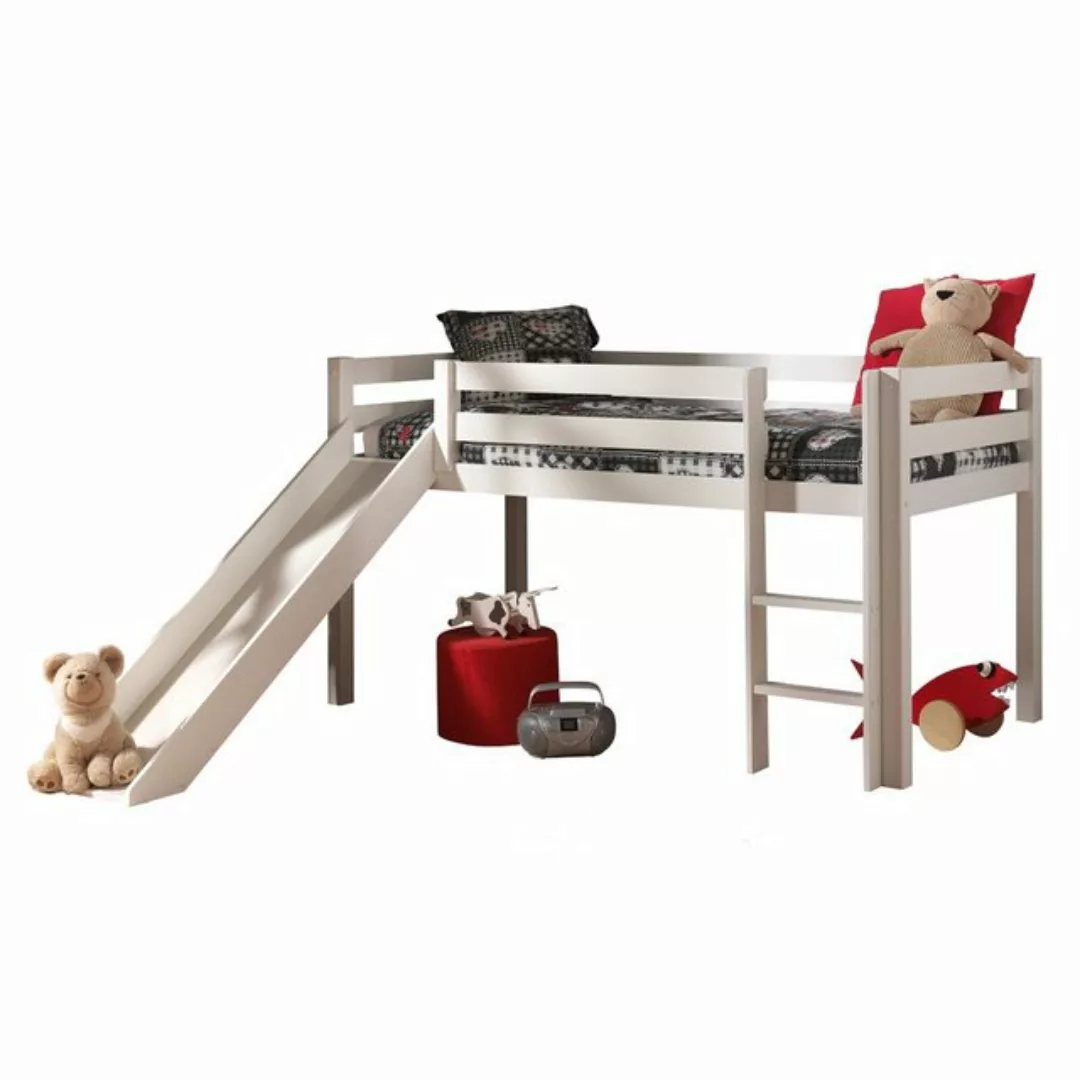 Hochbett Kinderzimmer PINOO-12 mit Leiter und Rutsche in Kiefer massiv lack günstig online kaufen