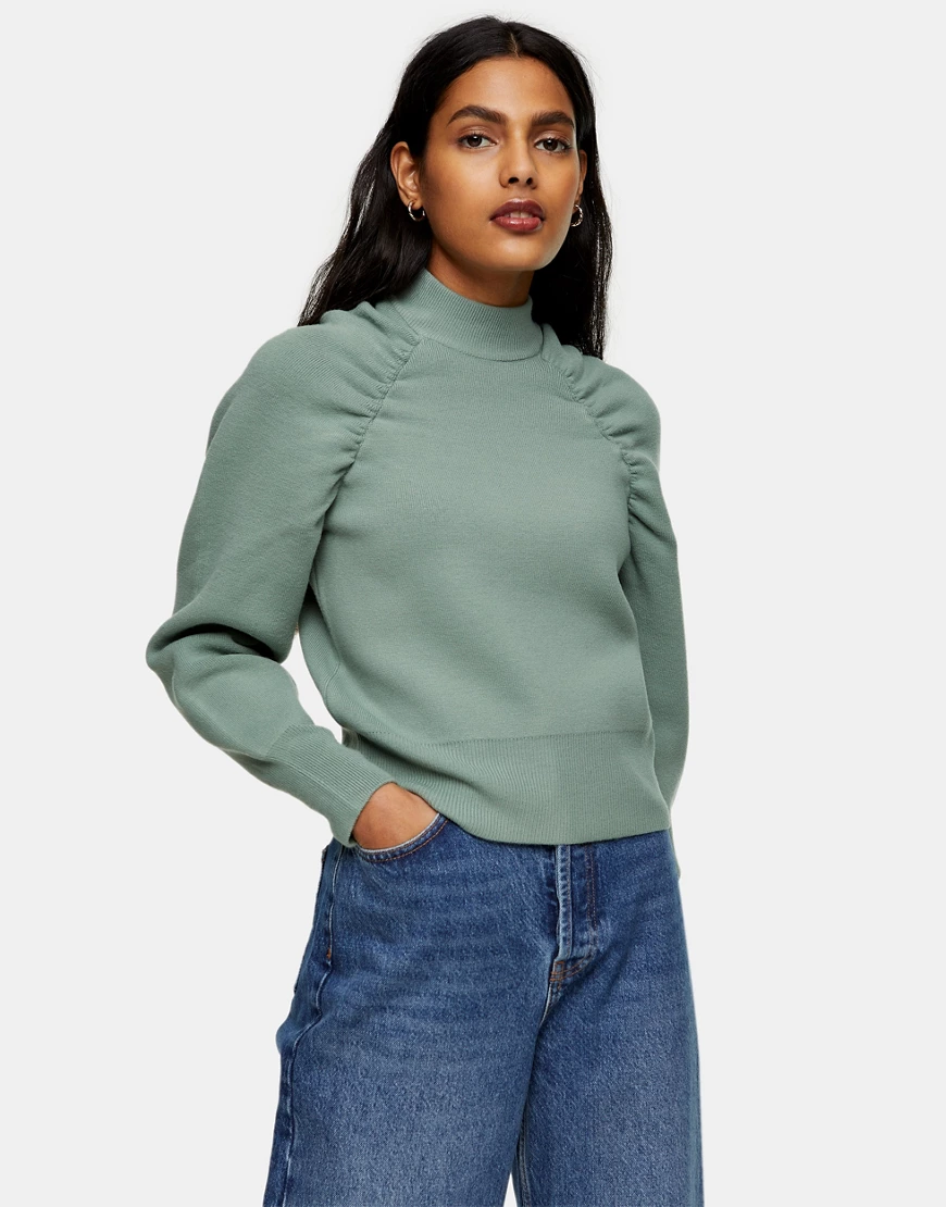 Topshop – Gestrickter Sweatpullover mit gerafften Ärmeln-Grün günstig online kaufen