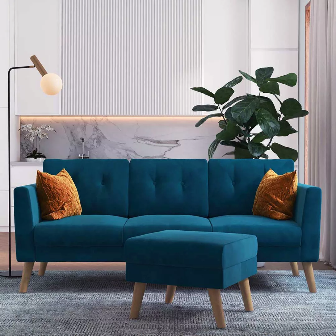 Dreier Sofa mit Beistellhocker in Petrol Samt (zweiteilig) günstig online kaufen