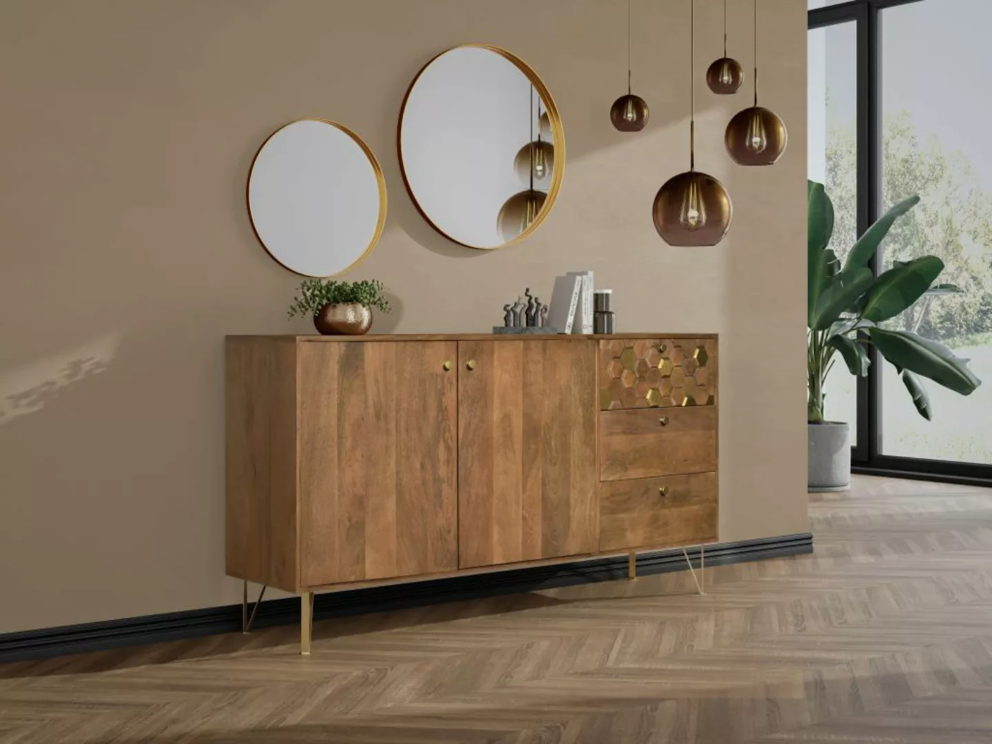 Sideboard mit 2 Türen & 3 Schubladen - Mangoholz & Metall - Holzfarben dunk günstig online kaufen
