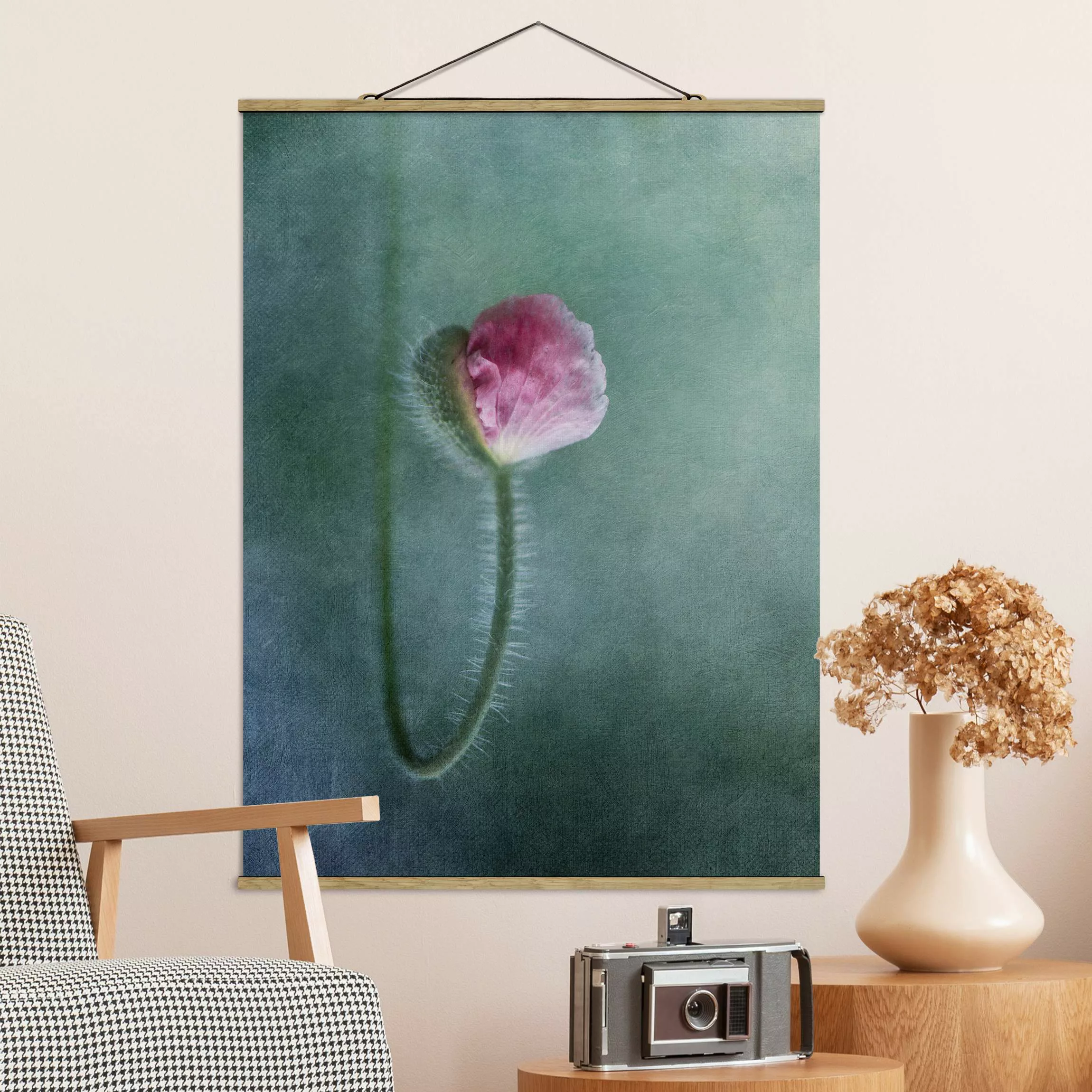 Stoffbild Blumen mit Posterleisten - Hochformat Blüte in Rosa günstig online kaufen