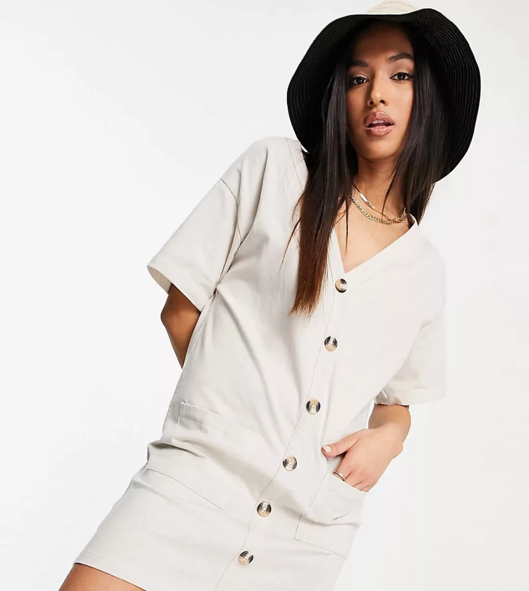 ASOS DESIGN Petite – T-Shirt-Kleid in Steingrau mit Knopfleiste-Weiß günstig online kaufen