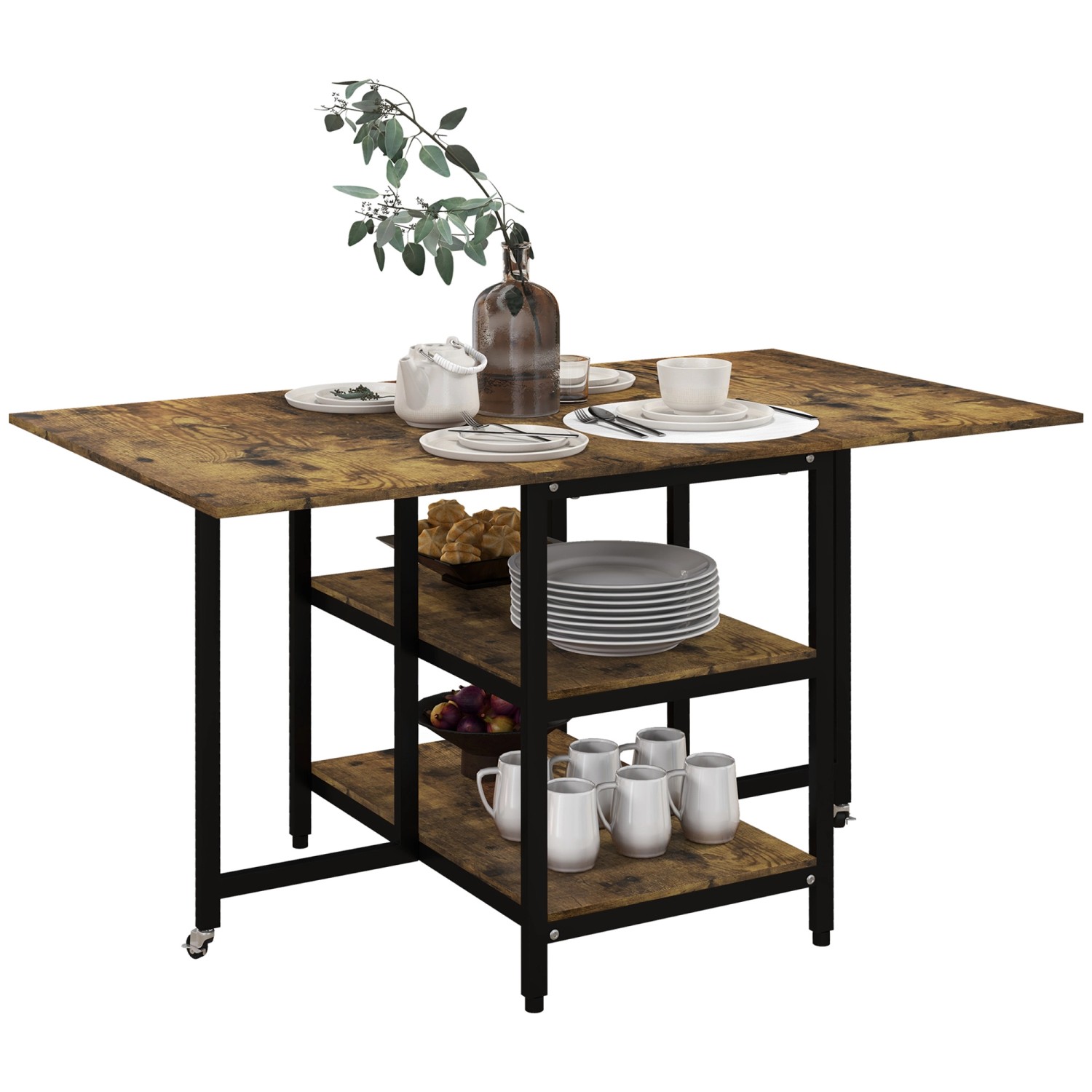HOMCOM Esstisch Klappbar mit 2 Ablagen 140 x 80 cm Rollen Stahl Rustikal-Br günstig online kaufen