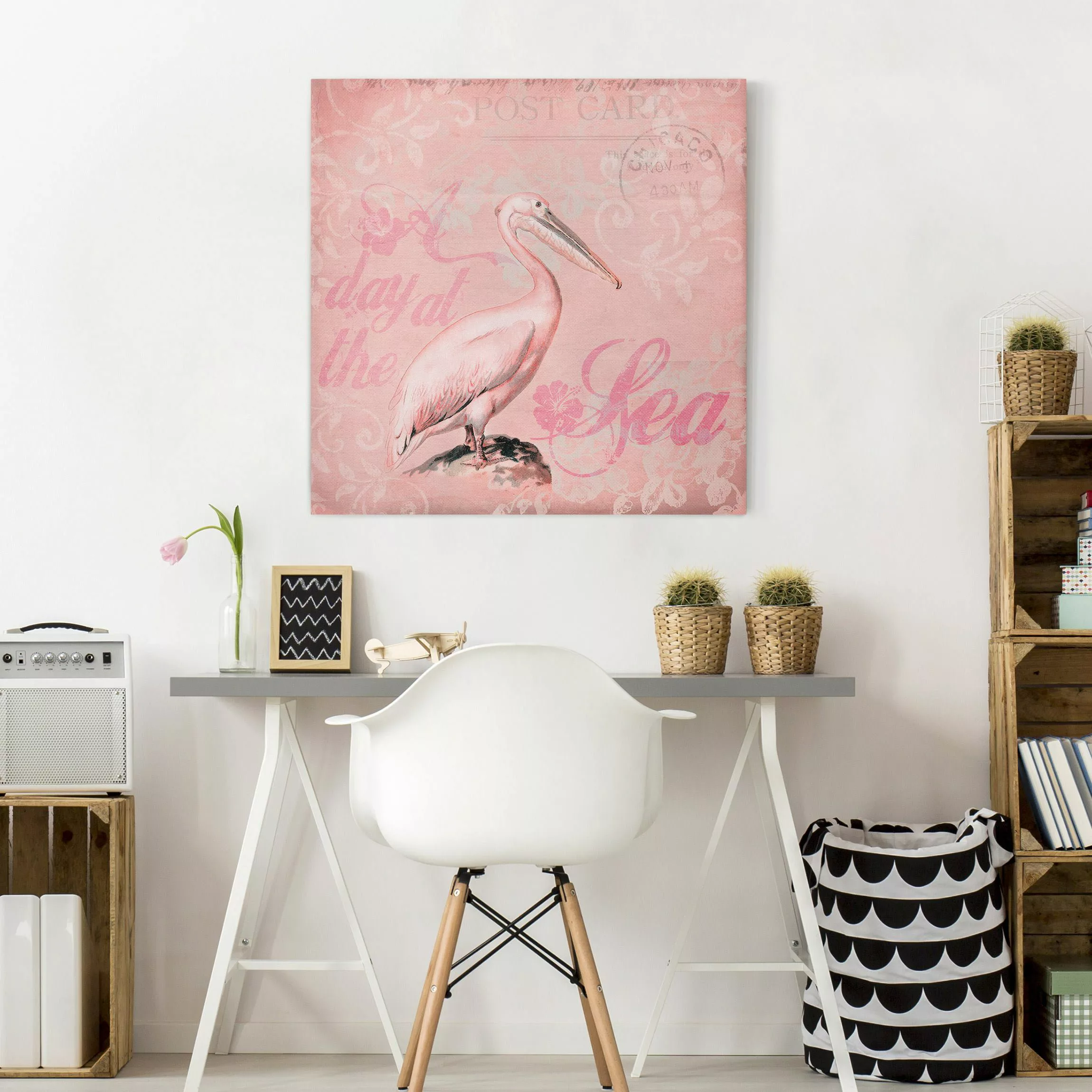 Leinwandbild Shabby Chic Collage - Pelikan günstig online kaufen