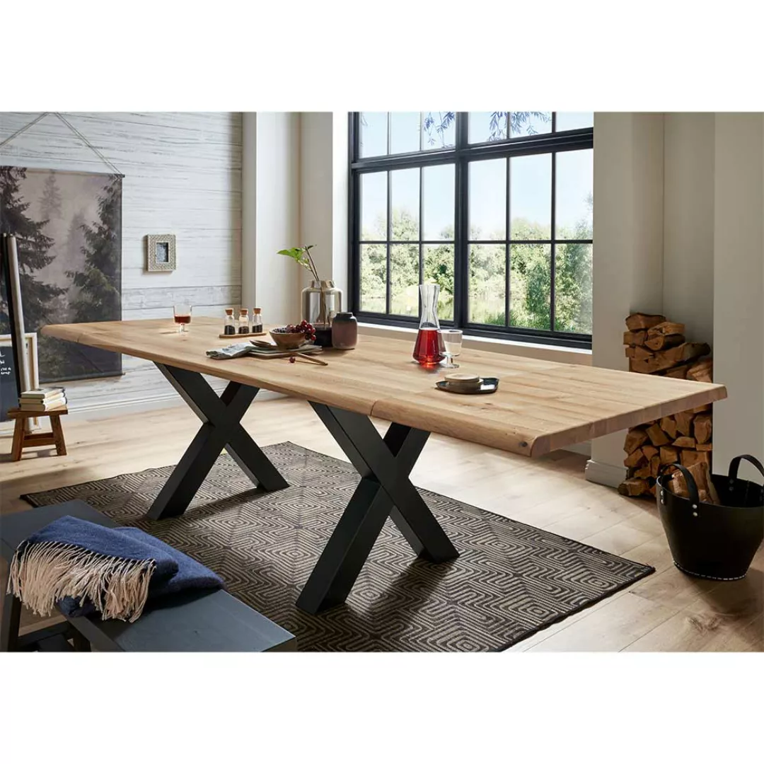 Esszimmer Tisch aus Wildeiche Massivholz und Stahl X-Fußgestell günstig online kaufen