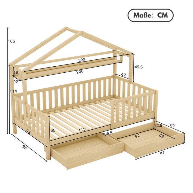 SeedWave Hausbett Kinderbett aus Massivholz, Bodenbett mit 2 Schublade 90x2 günstig online kaufen