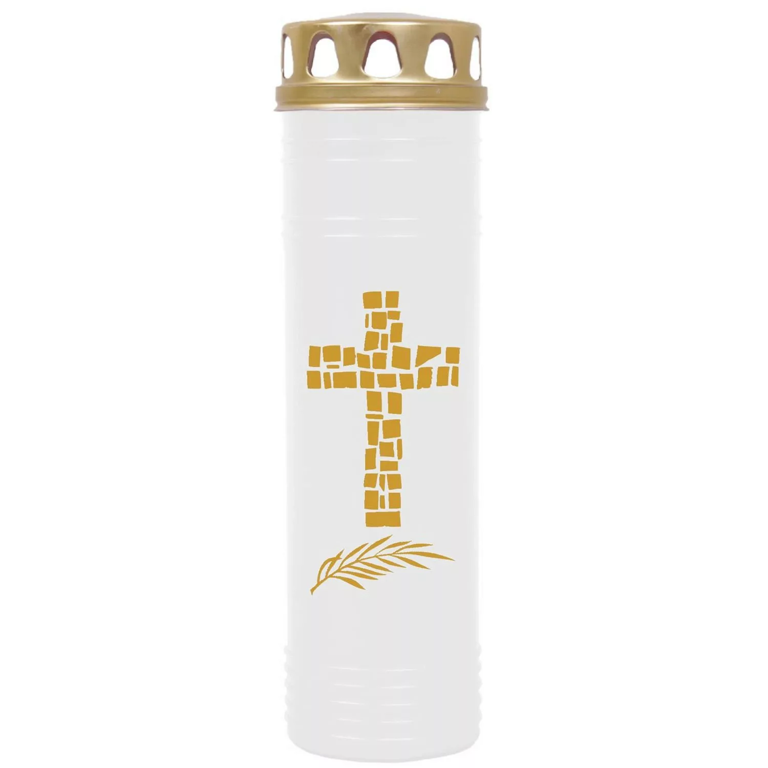 HS Candle Grabkerze Weiß 170h Deckel Und Druck Gold Kreuz günstig online kaufen