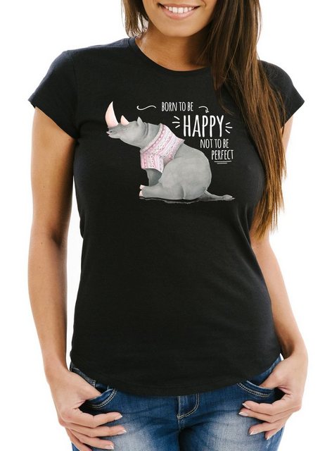 MoonWorks Print-Shirt Damen T-Shirt Spruch Nashorn Born to be happy not to günstig online kaufen