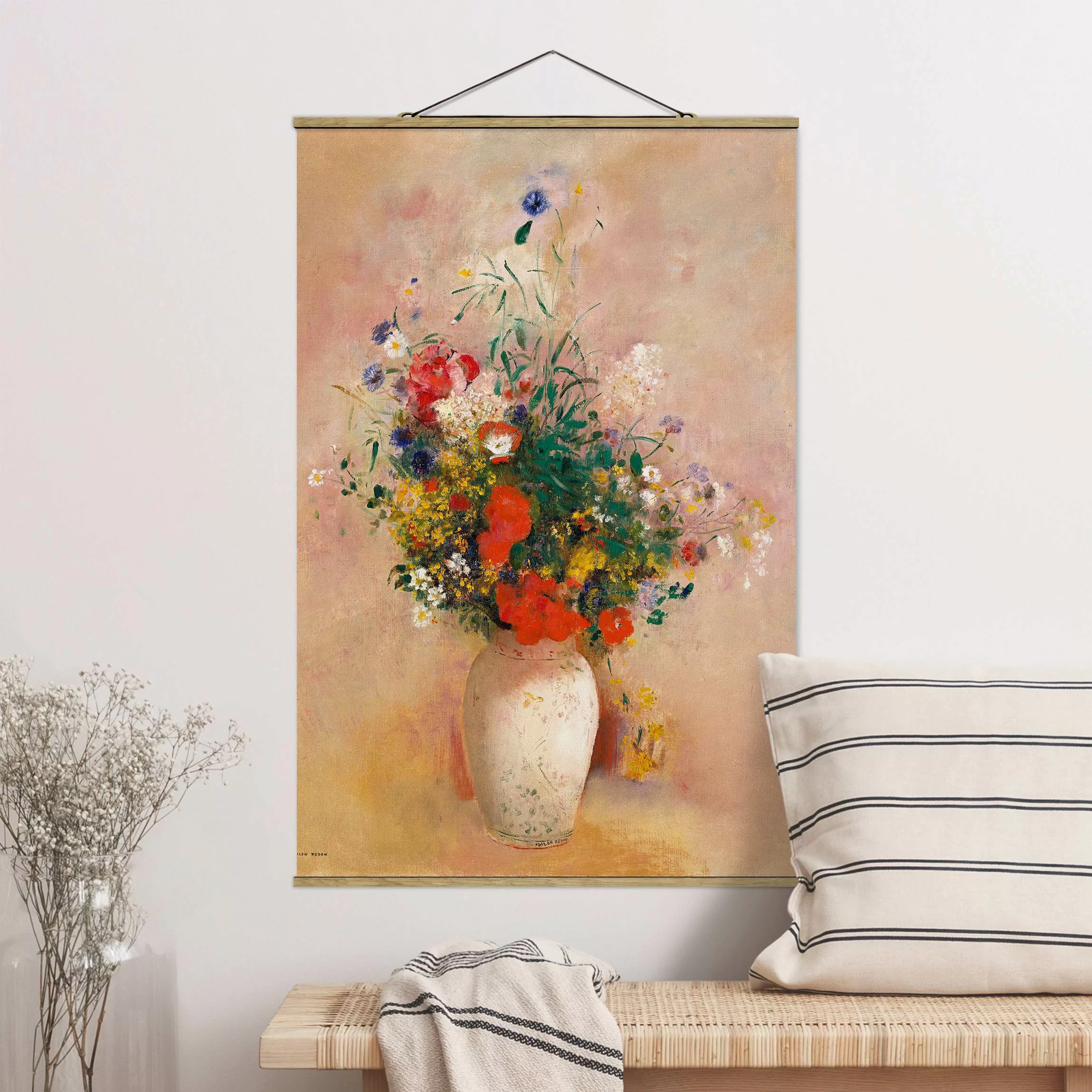 Stoffbild Blumen mit Posterleisten - Hochformat Odilon Redon - Vase mit Blu günstig online kaufen