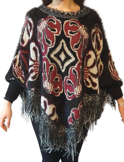 Charis Moda Poncho Pullover Fledermausärmel mit Fransen im Graphic Design günstig online kaufen