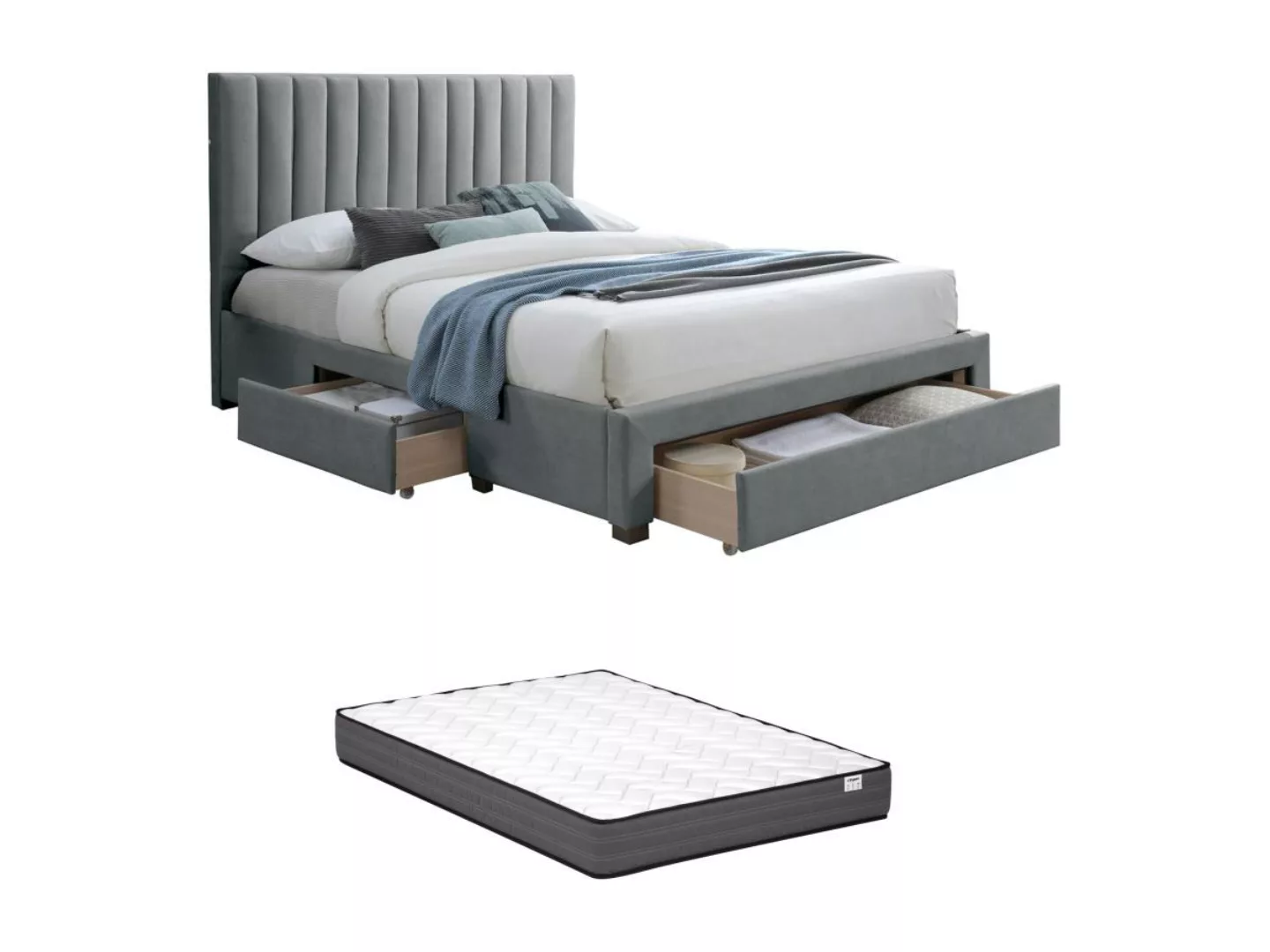 Bett mit 3 Schubladen + Matratze - 160 x 200 cm - Stoff - Beige - LIAKO günstig online kaufen