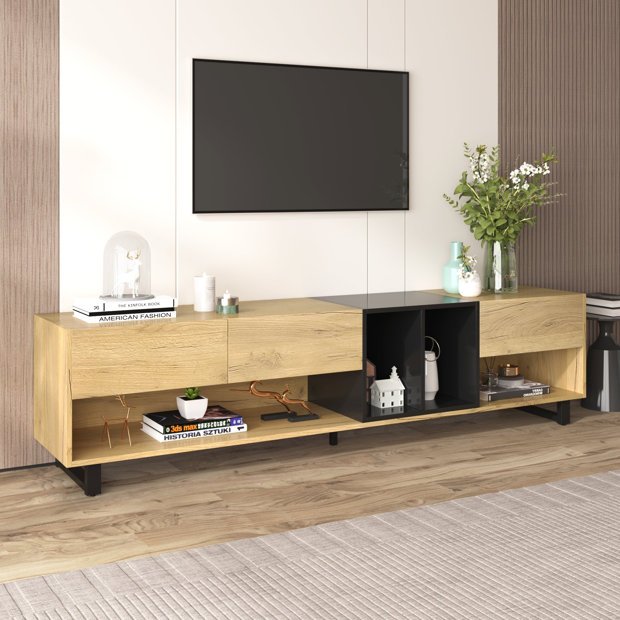 Lowboard TV-Schrank in Schwarz und Holz mit Metallbeinen und viel Stauraum, günstig online kaufen