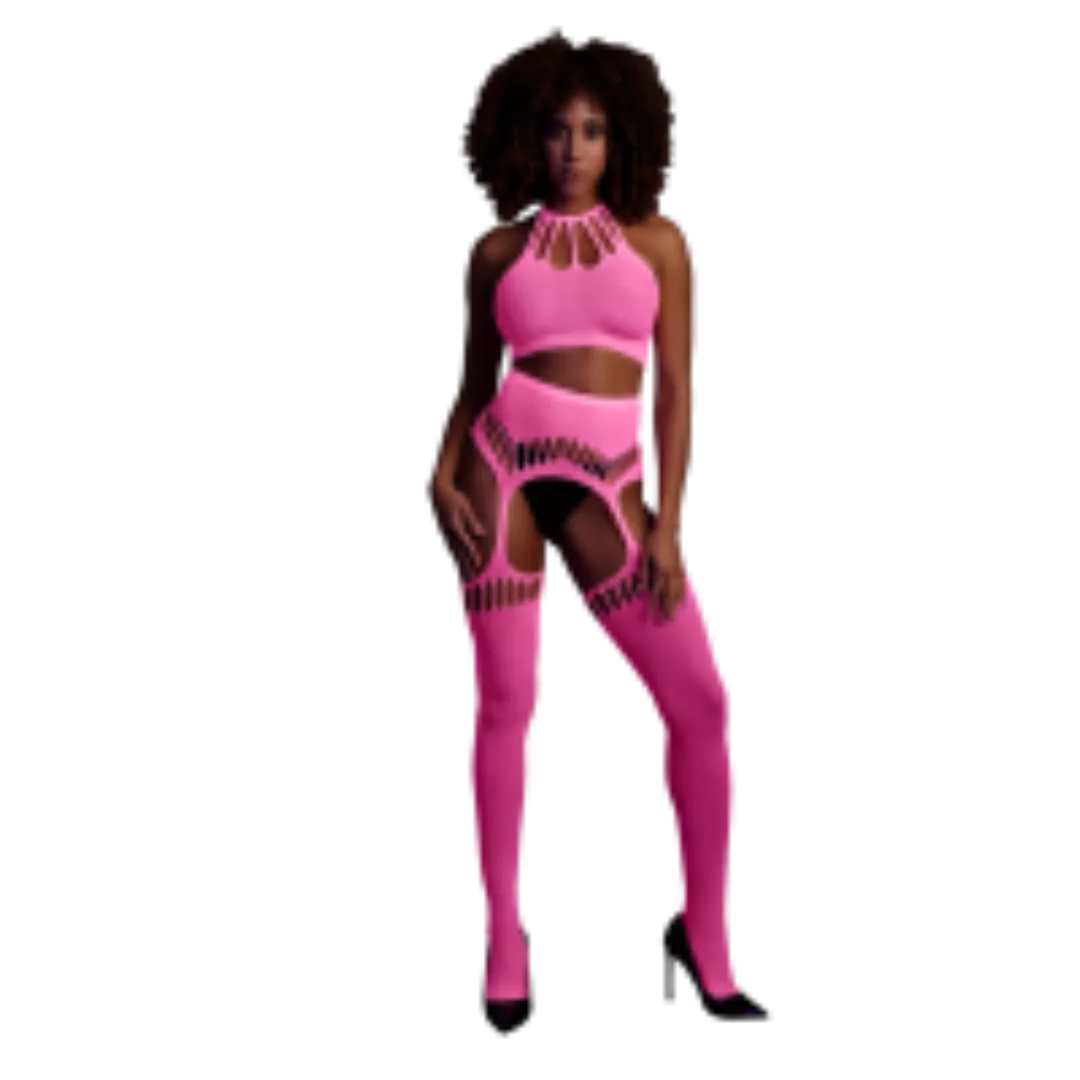 Two Piece with Crop Top and Stockings - One Size - Neon Pink günstig online kaufen