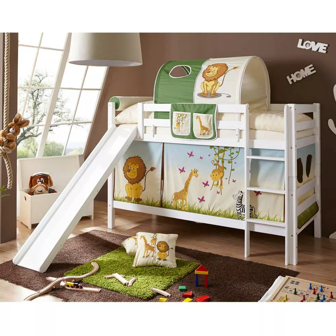 Kinderzimmer Rutschbett mit Zootier Motiven Buche Massivholz in Weiß günstig online kaufen