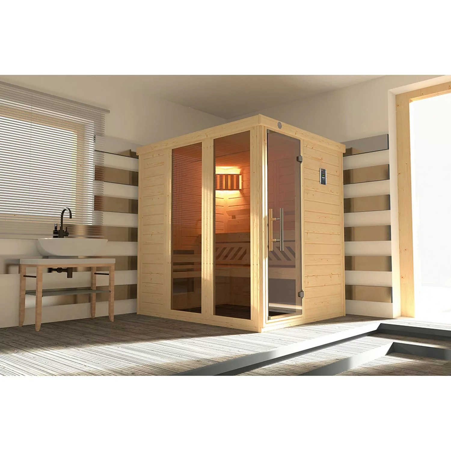 Weka Massivholzelementsauna Kemi Panorama 1 Sparset 7,5 kW BioS Glastür/Fen günstig online kaufen