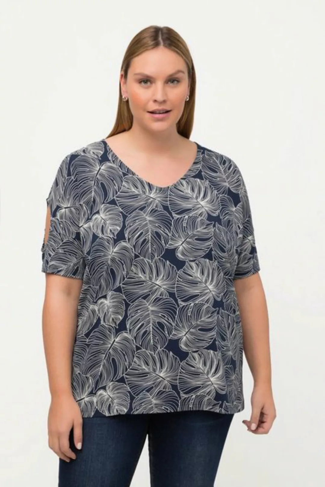 Ulla Popken Rundhalsshirt T-Shirt Palmen Oversized V-Ausschnitt Halbarm günstig online kaufen