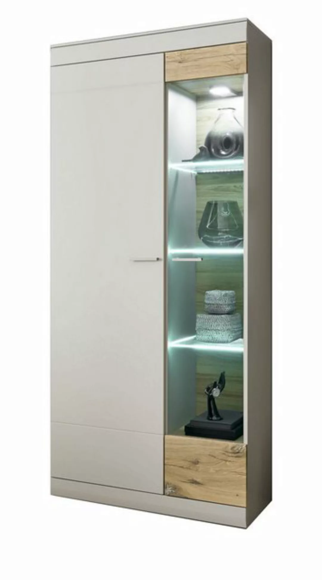 Furn.Design Stauraumvitrine Griego (Vitrinenschrank in Kieselgrau mit Eiche günstig online kaufen