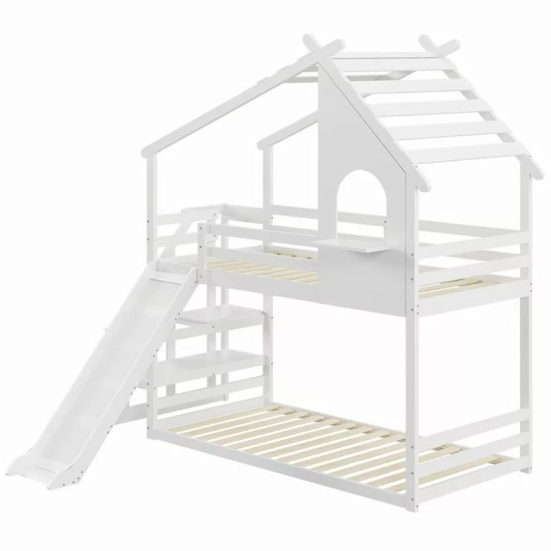 WISHDOR Etagenbett Kinderbett Hausbett, Niedriges Holzbett mit Rutsche (Mas günstig online kaufen