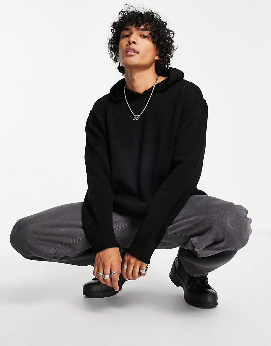 ASOS DESIGN – Strukurierter Oversize-Kapuzenpullover aus Strick in Schwarz günstig online kaufen