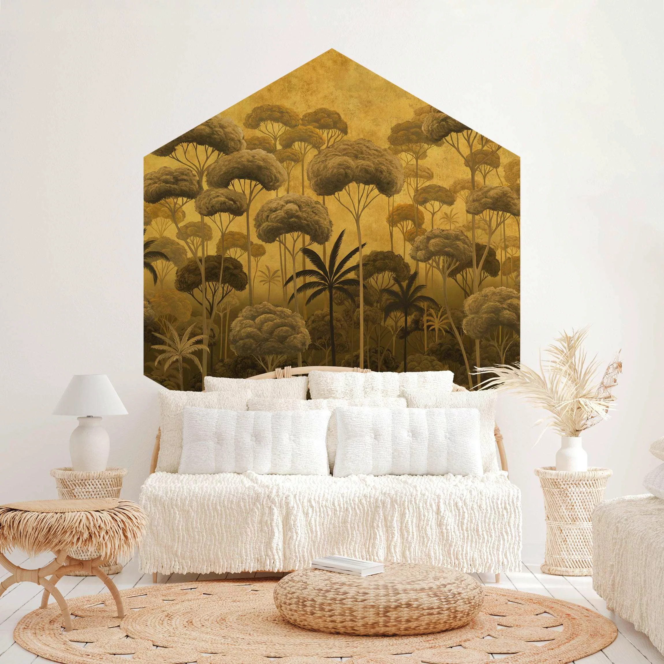 Hexagon Tapete selbstklebend Hohe Bäume im Dschungel in goldener Tönung günstig online kaufen