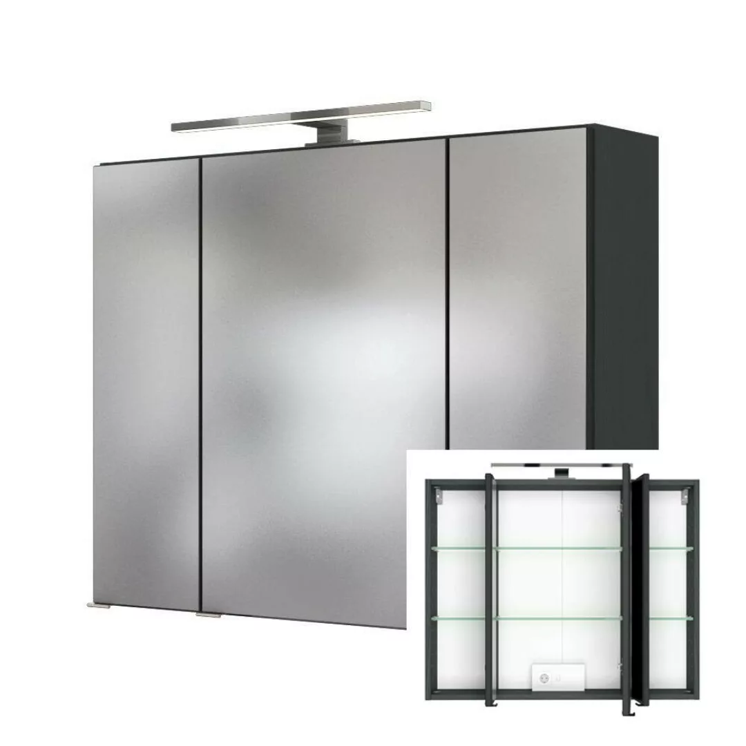 3D Spiegelschrank 60 cm in Graphitgrau LOUROSA-03 inkl. LED-Aufbauleuchte, günstig online kaufen