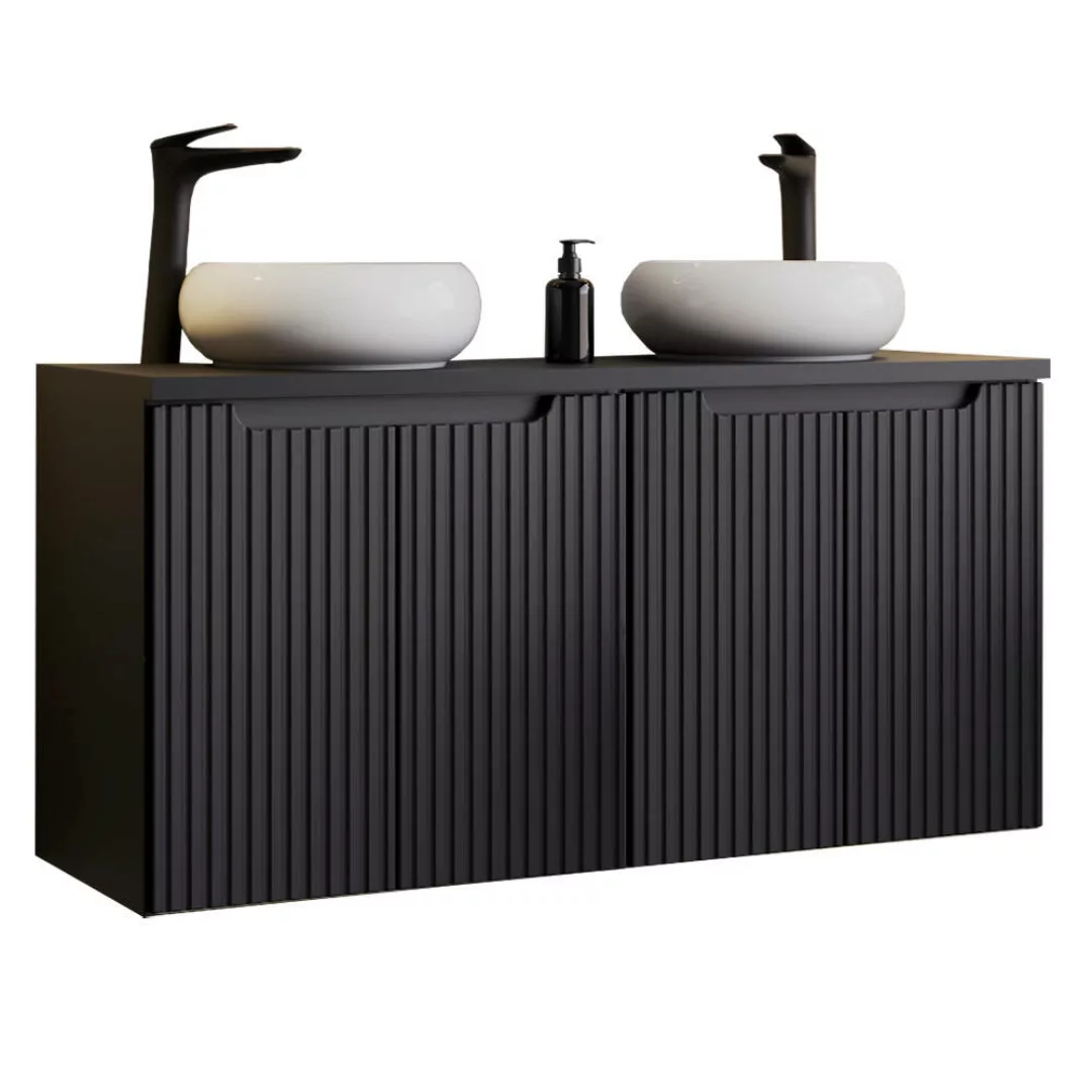 Doppelwaschtisch 120cm mit Aufsatzwaschbecken, schwarz mit gerillter Front günstig online kaufen