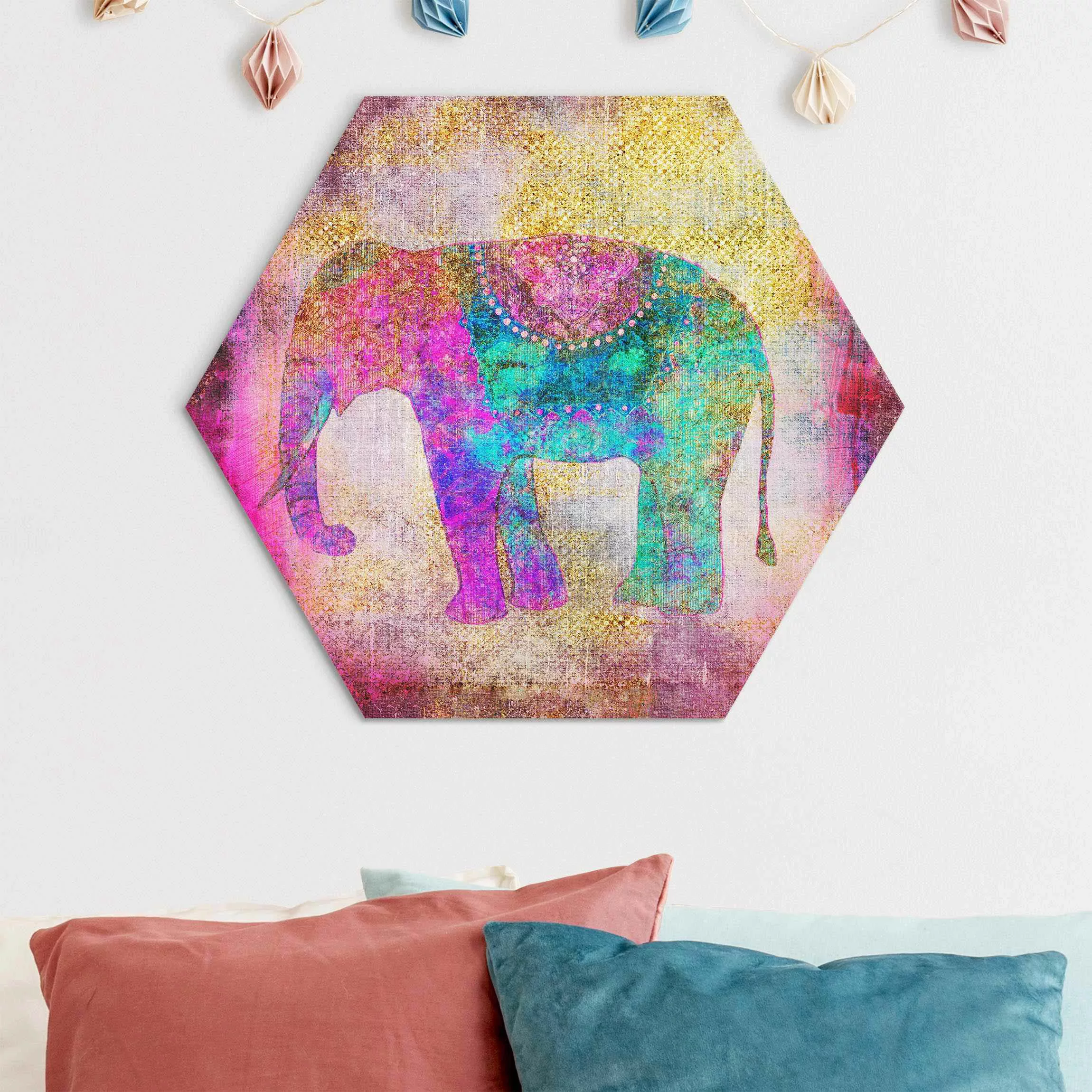 Hexagon-Alu-Dibond Bild Bunte Collage - Indischer Elefant günstig online kaufen