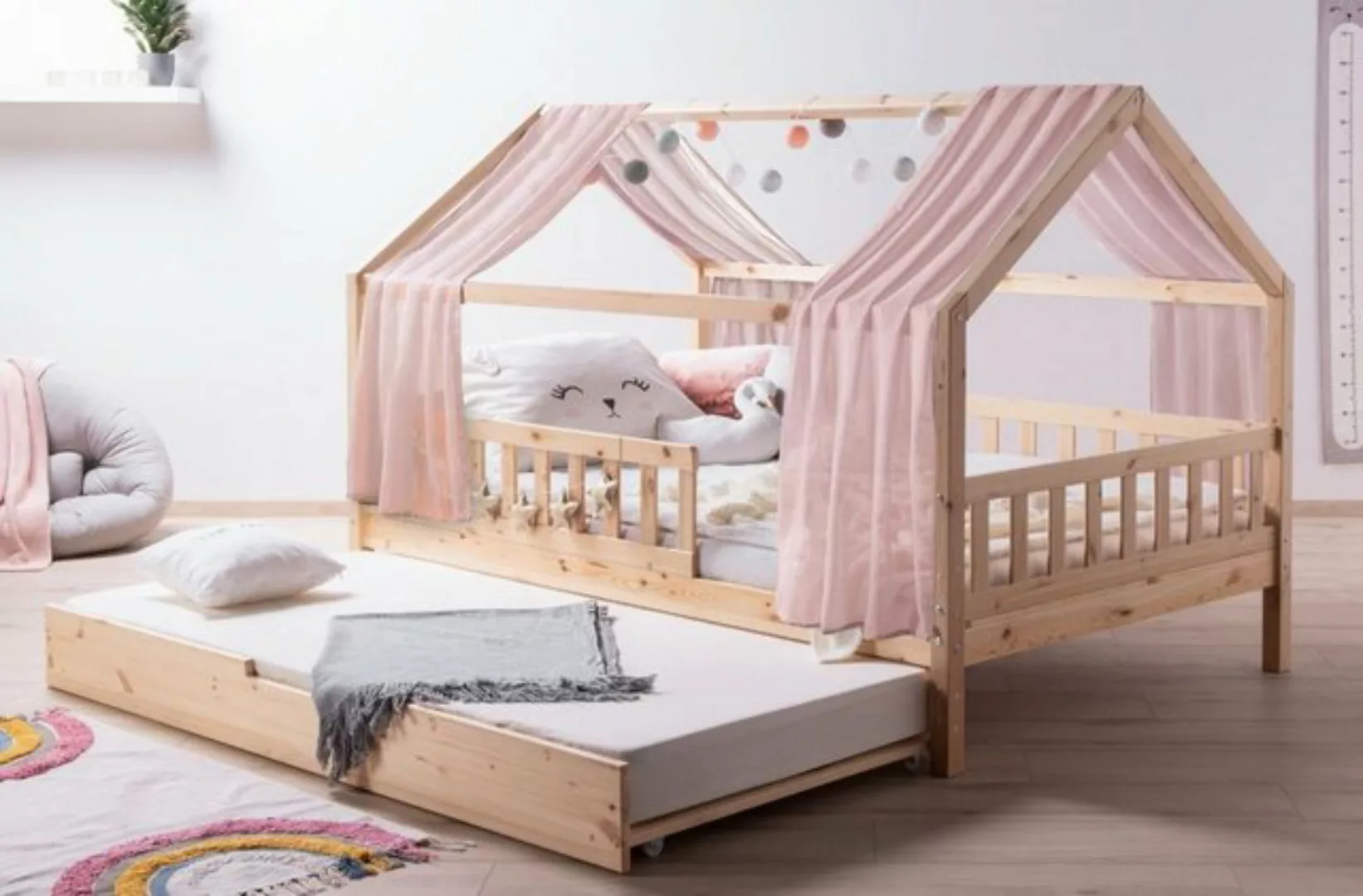 Ticaa Hausbett Kinderbett Hausbett "Kim" inkl. Zusatzbett Kiefer (Set, Haus günstig online kaufen