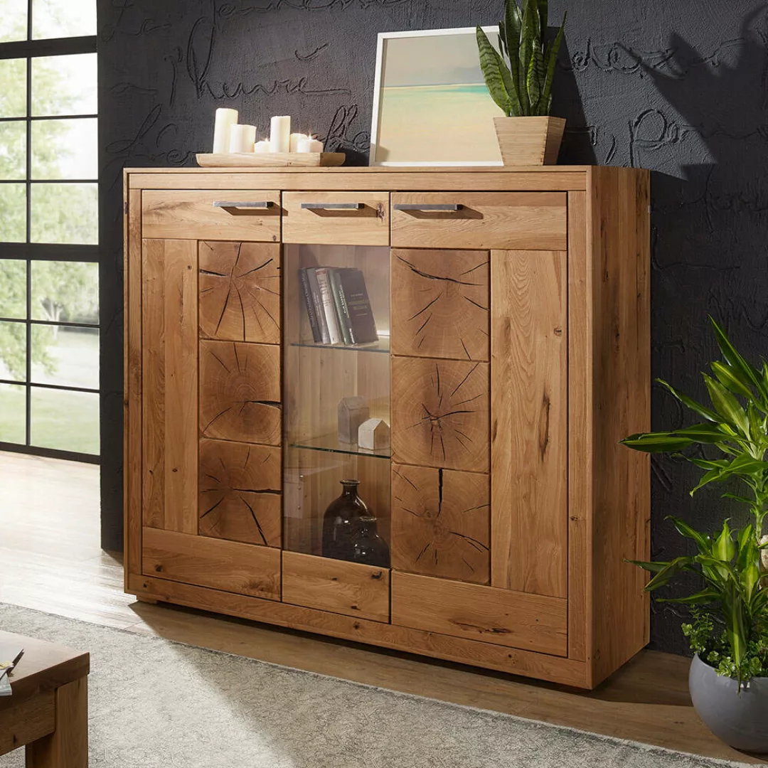 Highboard 150cm breit mit Beleuchtung, Wildeiche massiv geölt, montiert, WI günstig online kaufen