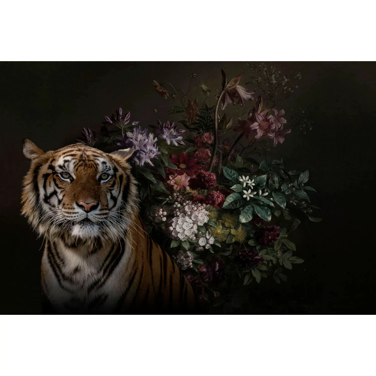Fototapete Tiger Blumen Schwarz Grün Orange 4,00 m x 2,70 m FSC® günstig online kaufen
