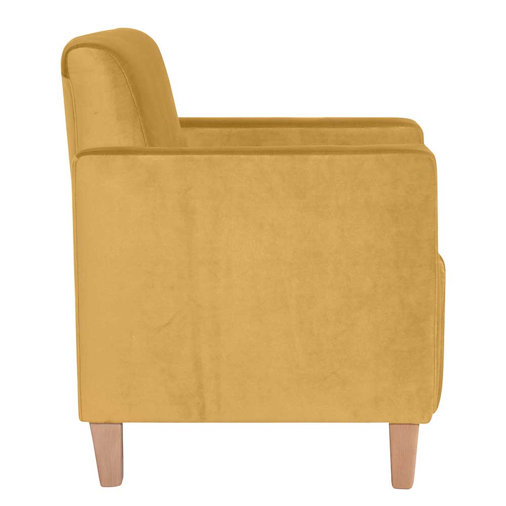 Kleiner Lounge Sessel gelb aus Samtvelours Buche Massivholz günstig online kaufen