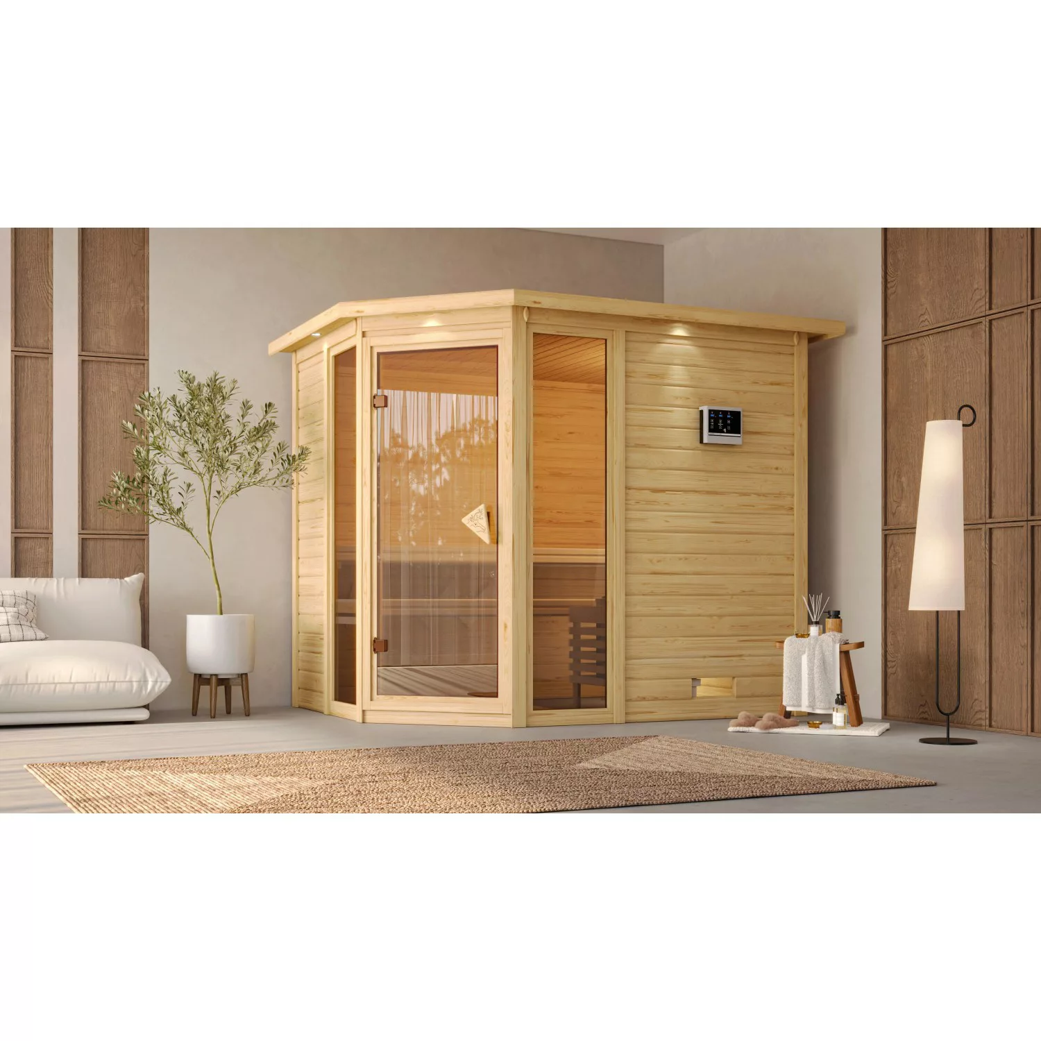 Karibu Sauna Sanna 3 Edelstahlmit Bio-Ofen externe Stg.Dach Natur günstig online kaufen