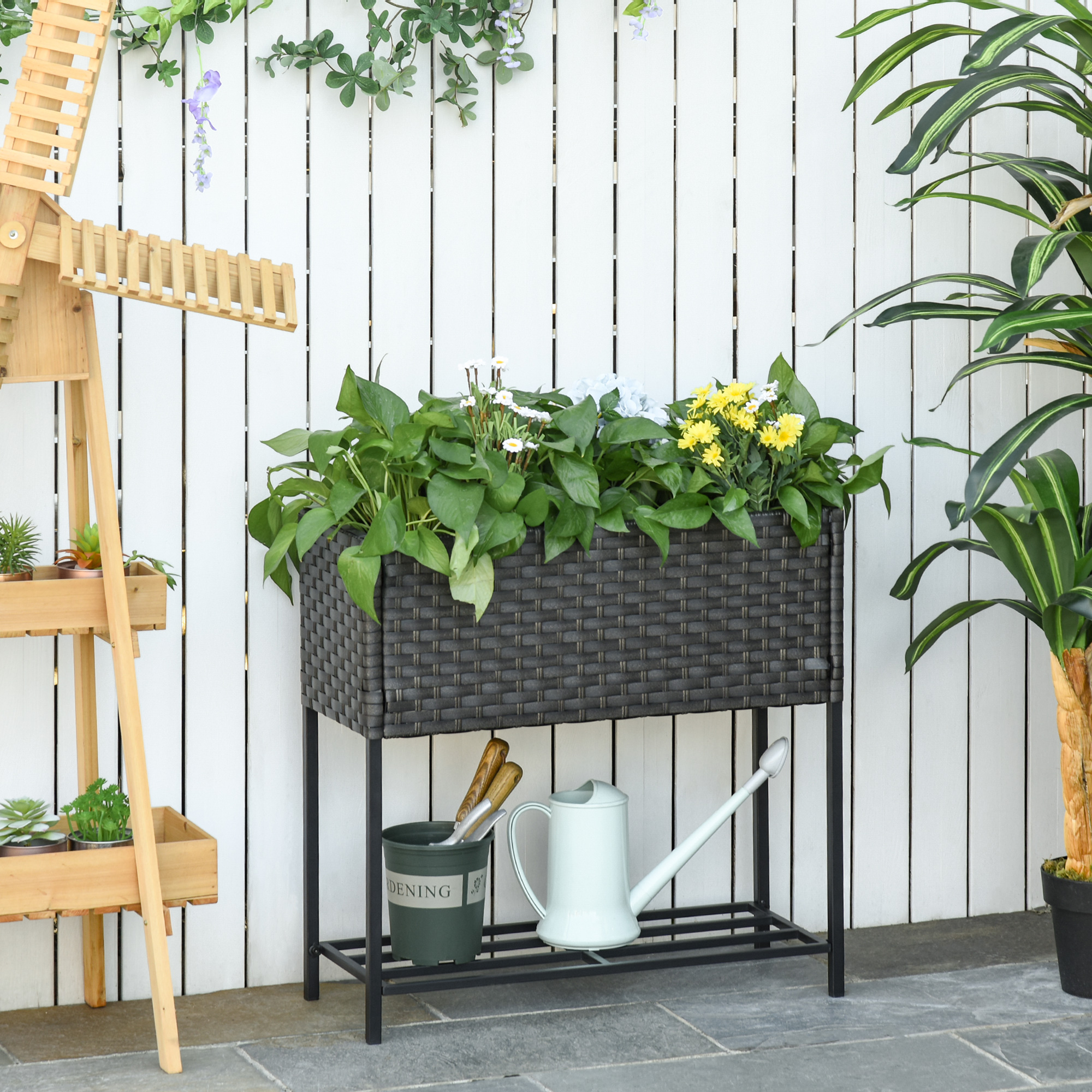 Outsunny Hochbeet Blumenkasten aus Poly Rattan mit Füßen und Ablage, 70 x 3 günstig online kaufen